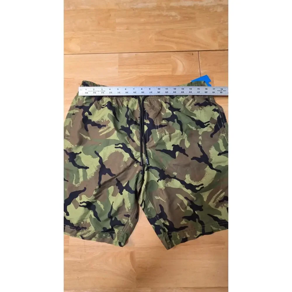 NEFF Mens Large Camo Swim Trunks Green Black Drawstring Mesh Lined Board Skate